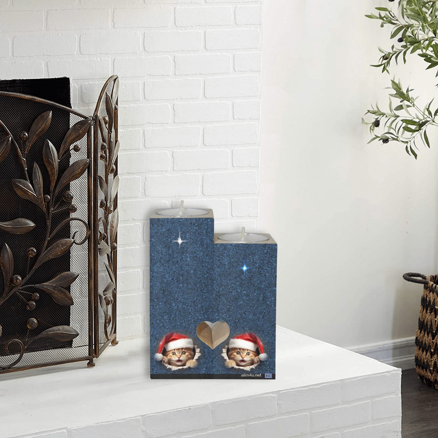 ALIM4U- Kittys Christmas Wooden Heart Candle Holder