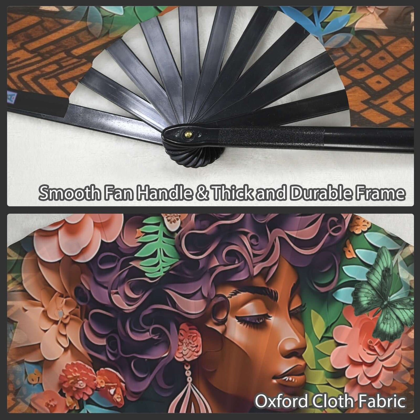 Folding Clack Fan 45 Multi Colored Floral Butterflies Decorative fan with black handle and Oxford Cloth Fabric design of a woman with flowers.