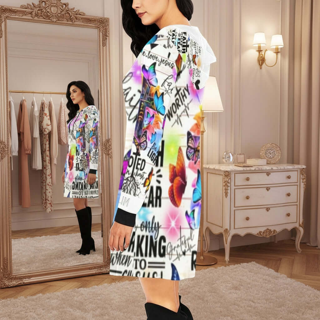Mini Dress Multi-colored Faith Text and Cross Hoodie Multicolored dress with text and butterfly designs on a white background