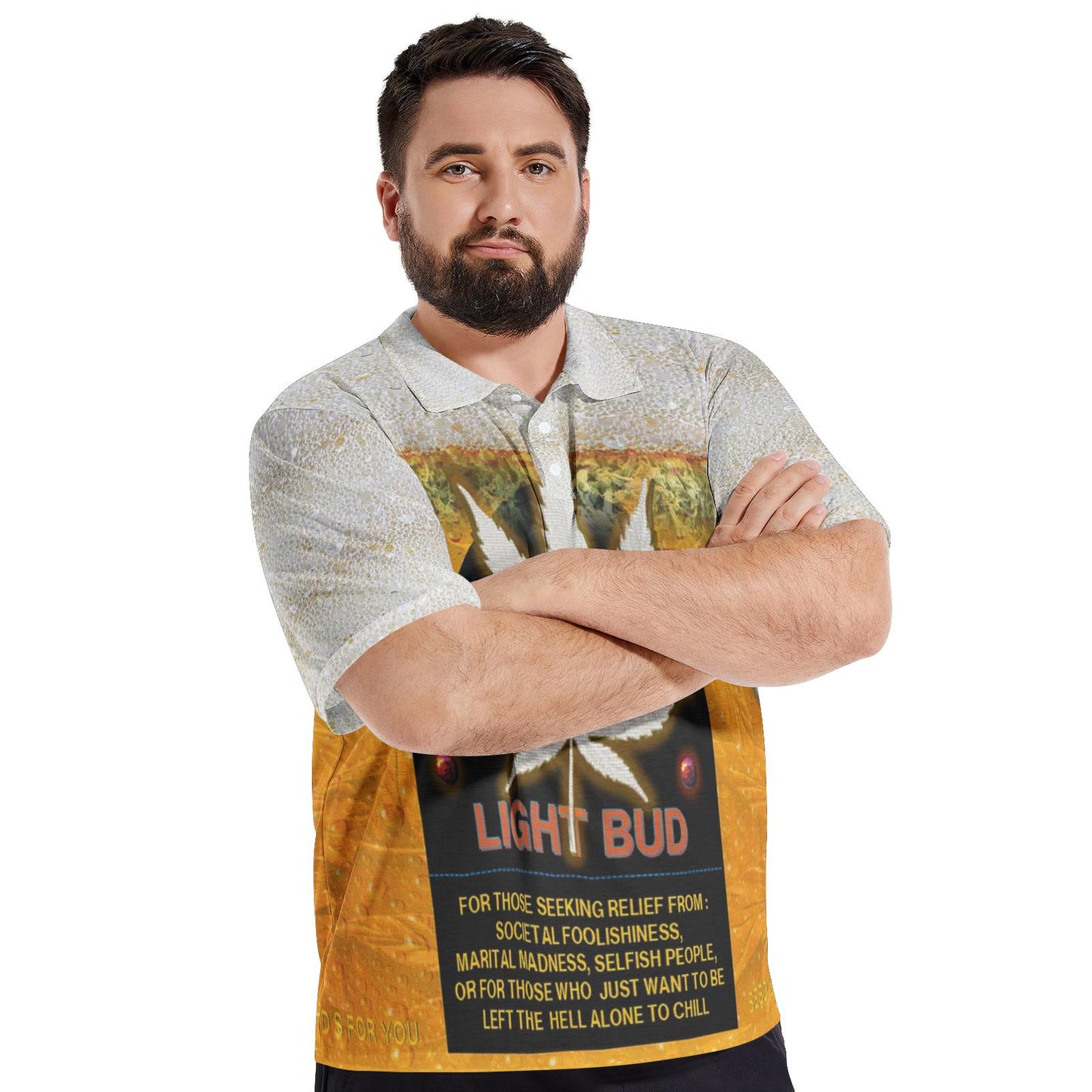 ALIM4U "Light Bud" Men's All-Over-Print "High Maintenance". Polo Shirts, marijuana infused beer, beer glass, bud and bubbles, large marijuana leaf