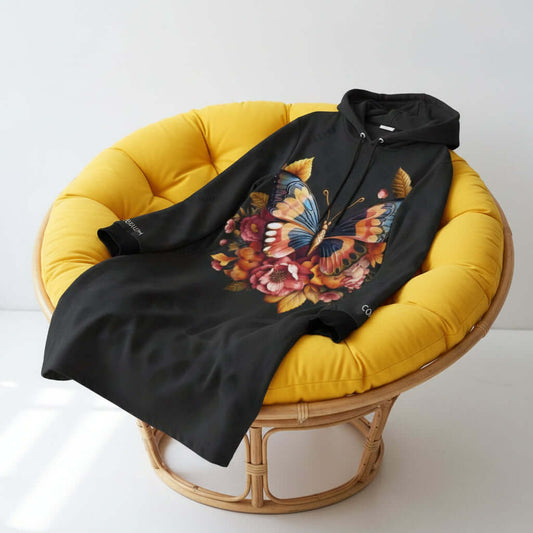 ALIM4U- 1 Black Hoodie Mini Dress Colorful Monarch Butterfly