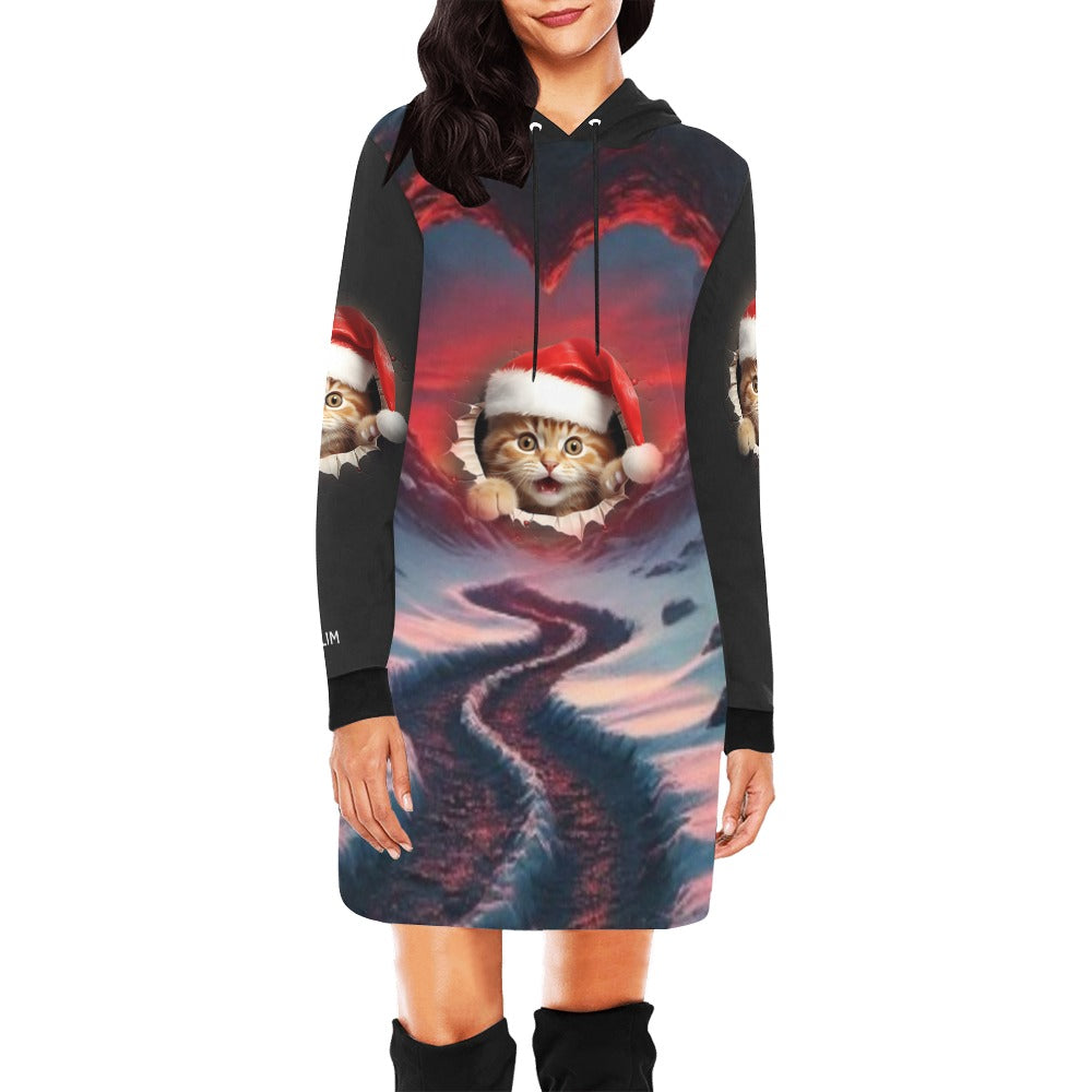 ALIM4U-Kitten in Christmas Stocking Women's All Over Print Hoodie Mini Dress(Model H27)