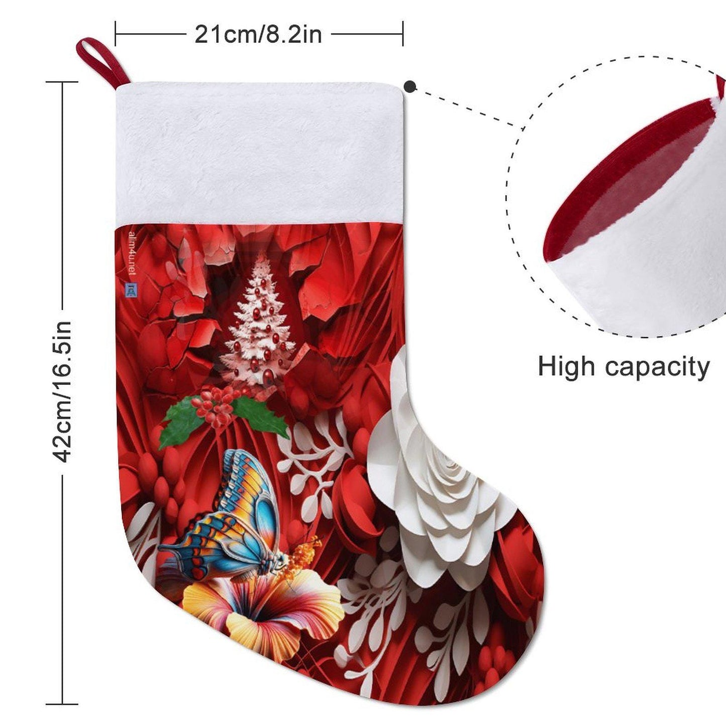 ALIM4U- Floral with monarch butterfly Santa Stocking with a red and white theme, the butterfly adds a taste of orange and teal.
