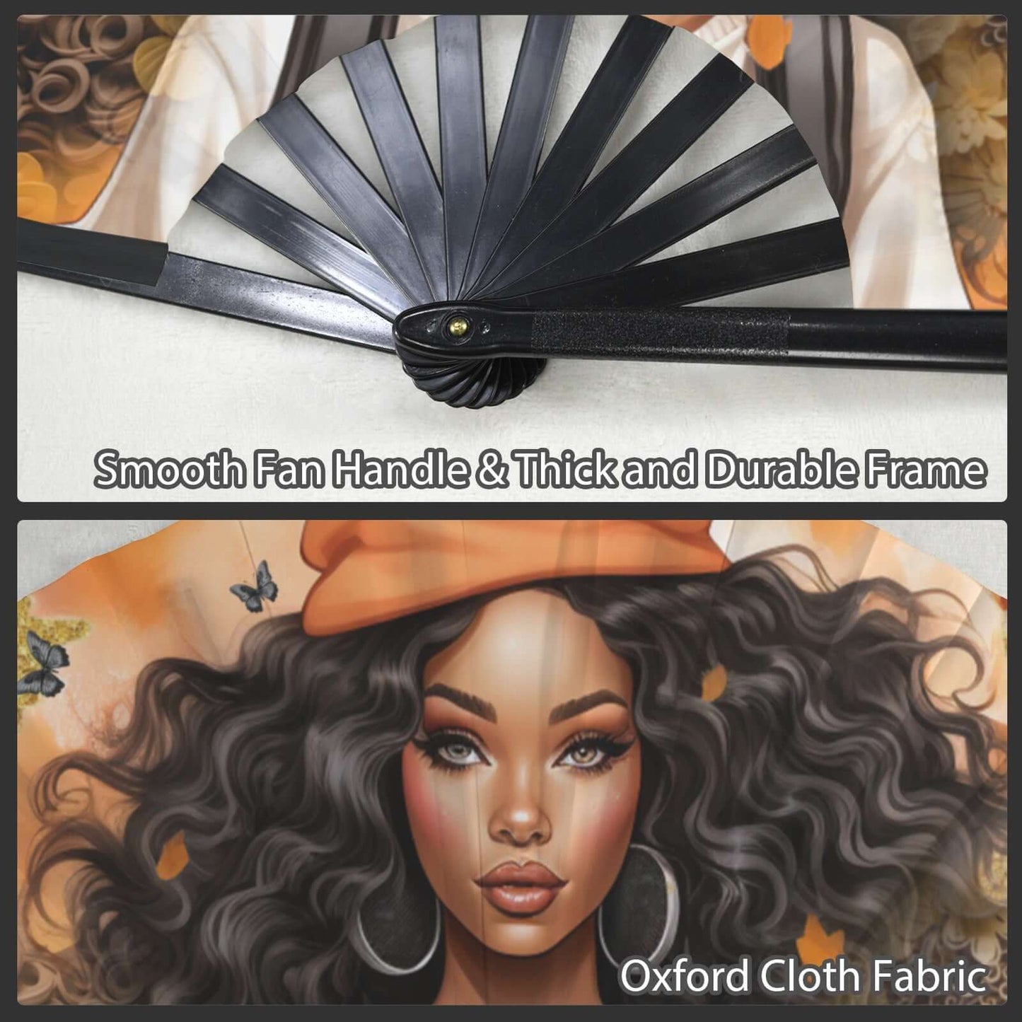 Folding Clack Fan 0045 Multi Colored Floral Butterflies Fan with text about handle and frame quality, and a woman with curly hair wearing an orange hat.