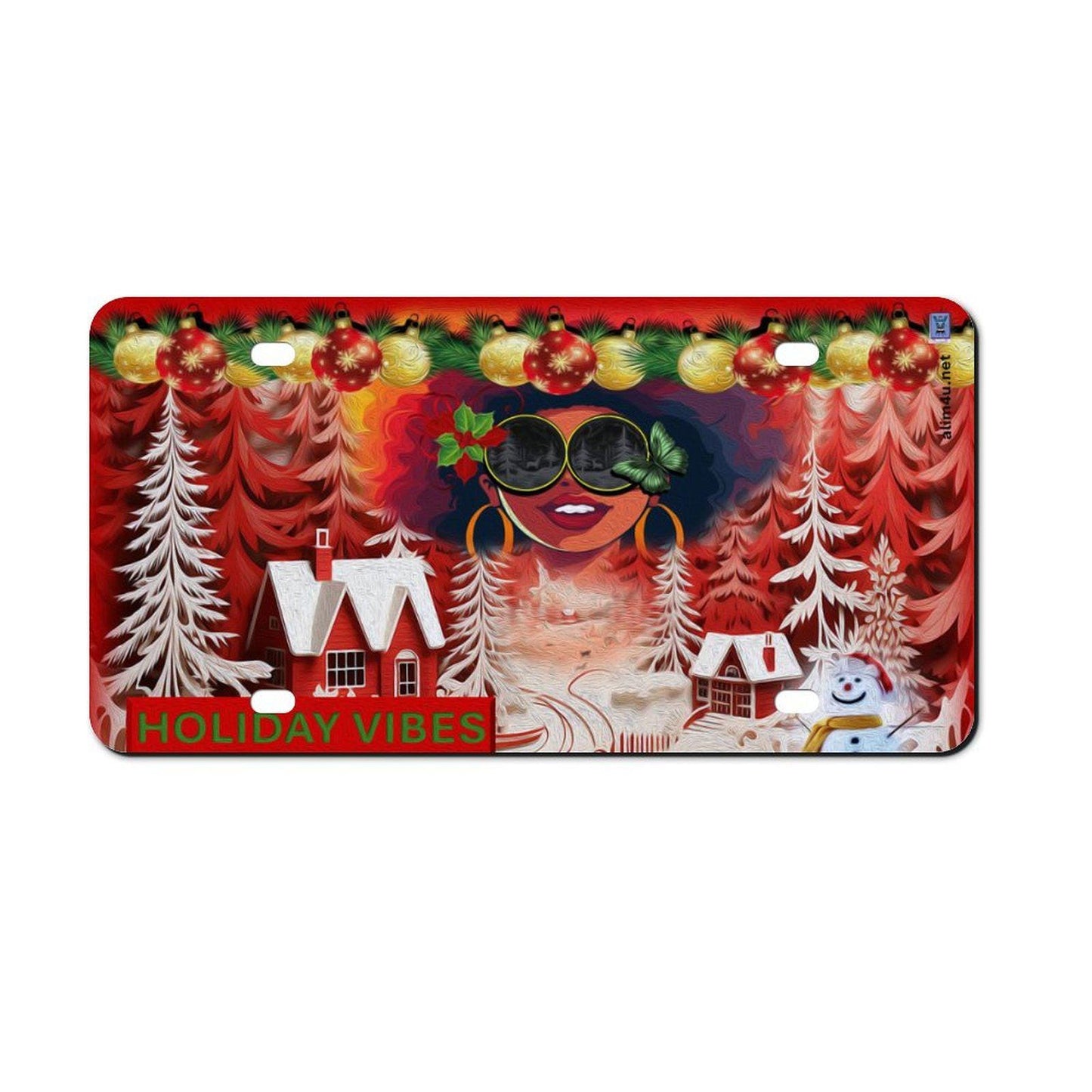 ALIM4U- Holiday Vibes Christmas Car License Plate a snow man, house sitting amongst pine trees covered with snow, a Black girl with an afro and sun glasses, on a red and white background -11.8”x5.9”