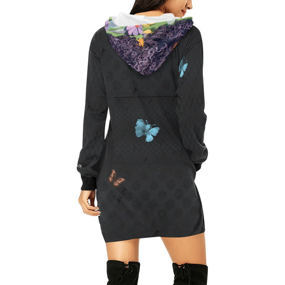 ALIM4U- Black Woman 1 Women's All Over Print Hoodie Mini Dress(Model H27)