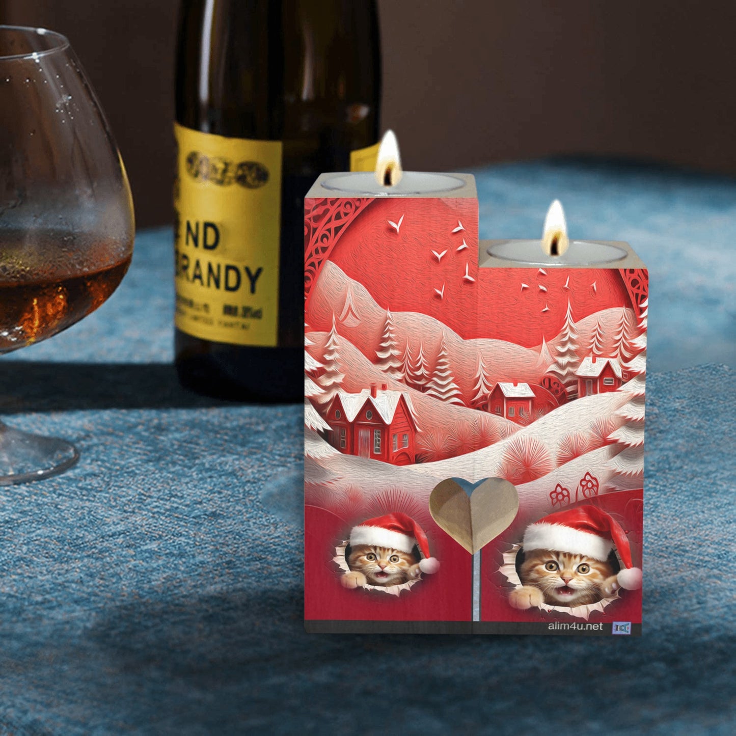 ALIM4U- Kittys Christmas 2 Wooden Heart Candle Holder