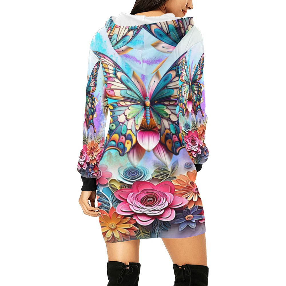 ALIM4U- Monarch Butterfly and Floral Women's All Over Print Hoodie Mini Dress(Model H27)