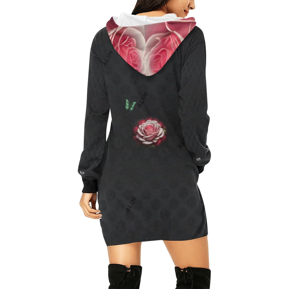 ALIM4U- Large Pink and Red Roses Women's All Over Print Hoodie Mini Dress(Model H27)