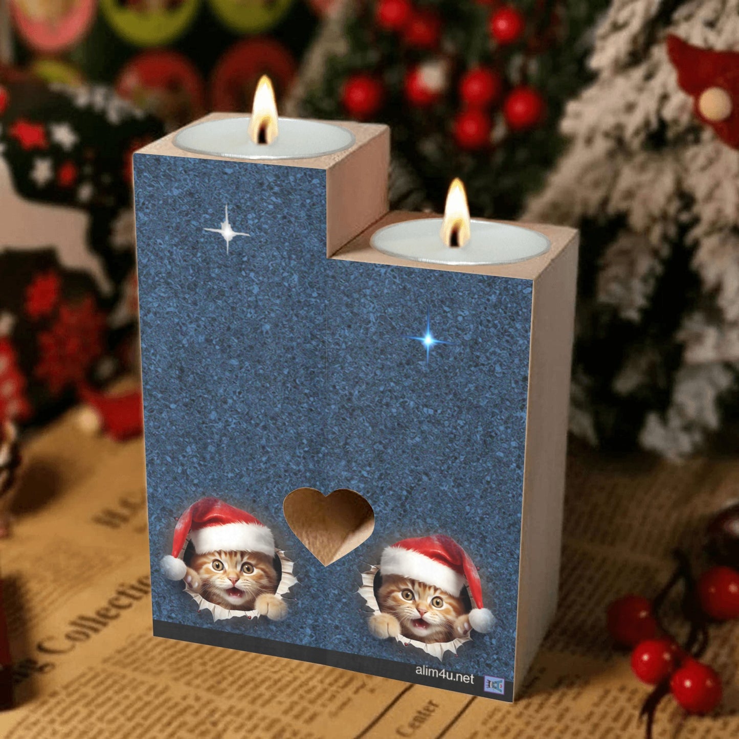 ALIM4U- Kittys Christmas Wooden Heart Candle Holder