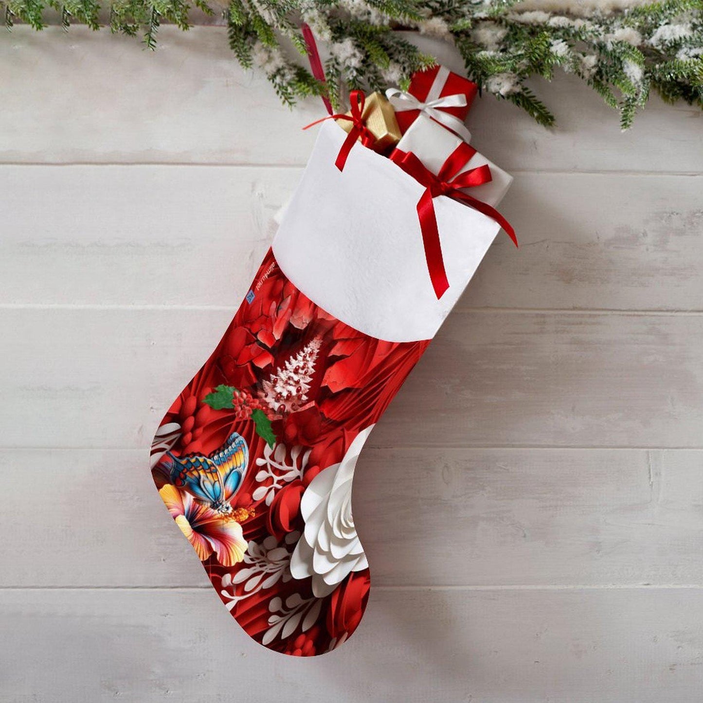ALIM4U- Floral with monarch butterfly Santa Stocking with a red and white theme, the butterfly adds a taste of orange and teal.