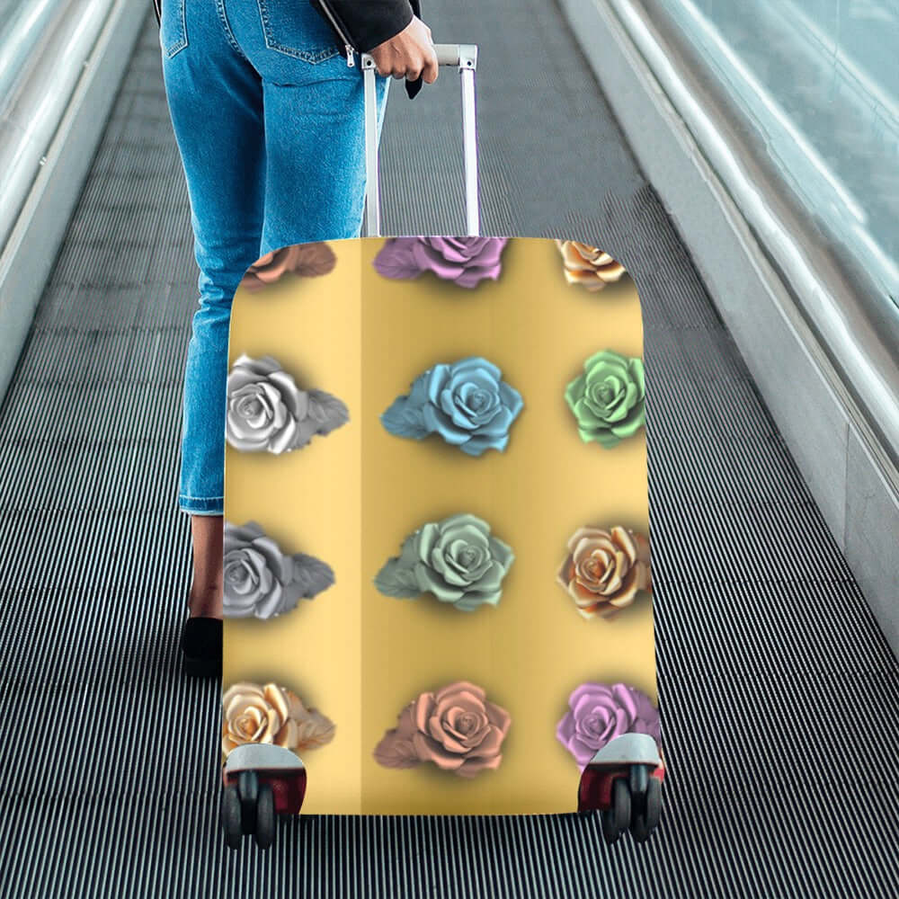 Luggage Cover Large Size 26-28 Colorful Flowers Black Gold Striped
