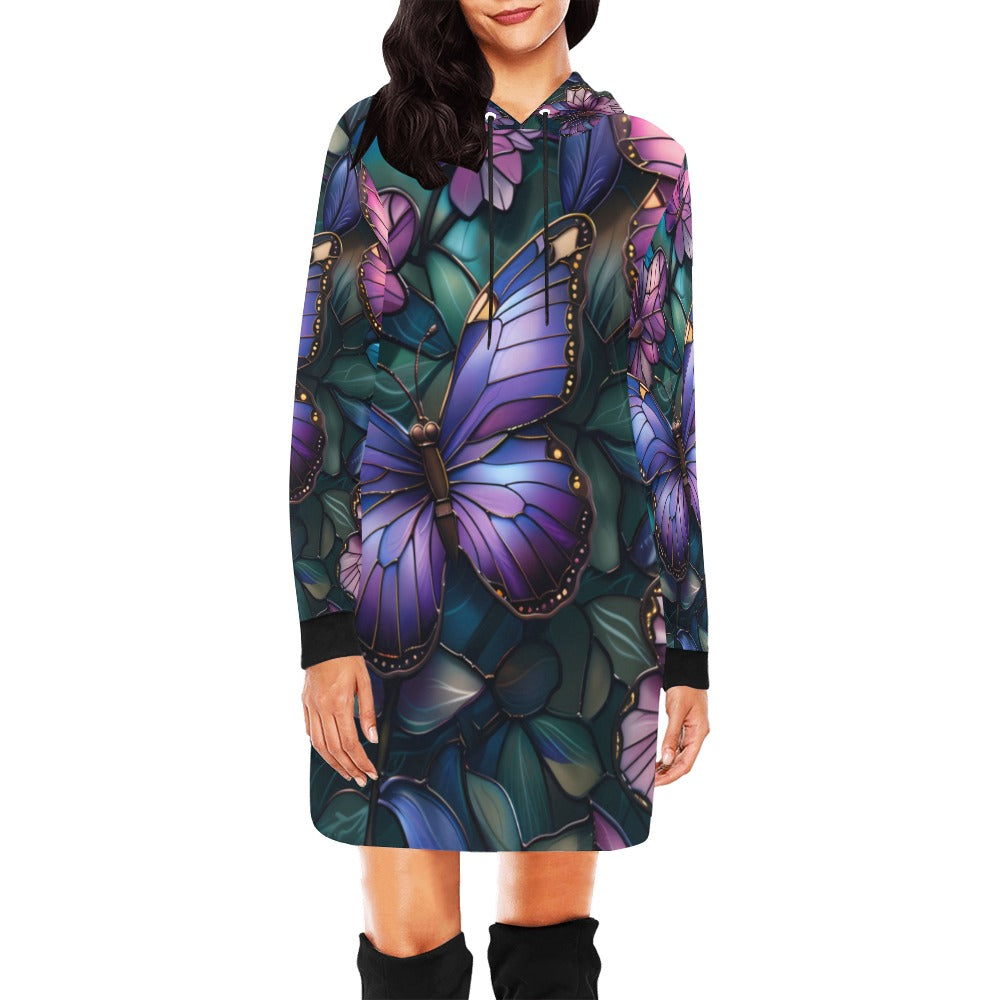 ALIM4U- Stained Glass Butterfly Print Women's All Over Print Hoodie Mini Dress(Model H27)