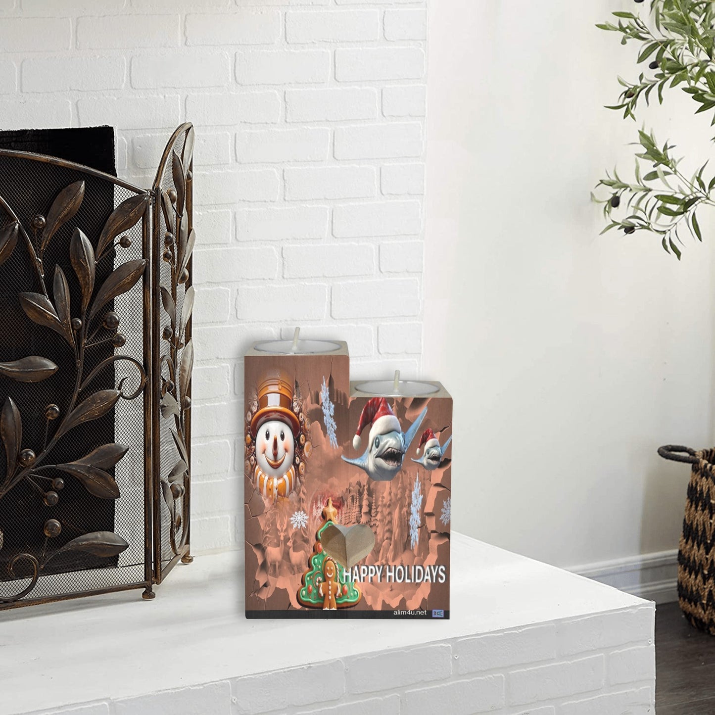 ALIM4U- Shark and Snowman Christmas Wooden Heart Candle Holder