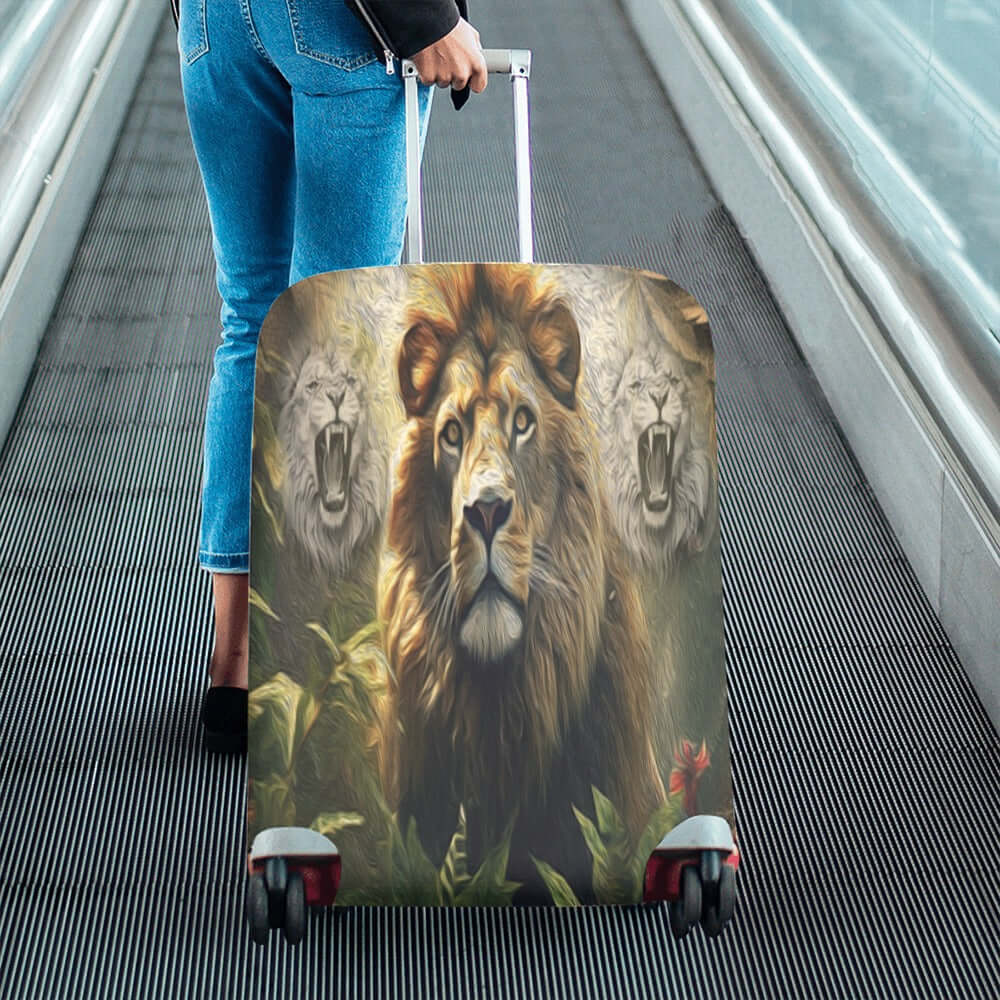 Luggage Cover Large Size 26-28 Lion Cannabis Leaves Foliage Person pulling a suitcase with a lion design on an escalator