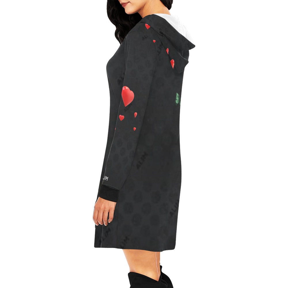 ALIM4U- Red Hearts on Black Women's All Over Print Hoodie Mini Dress(Model H27)