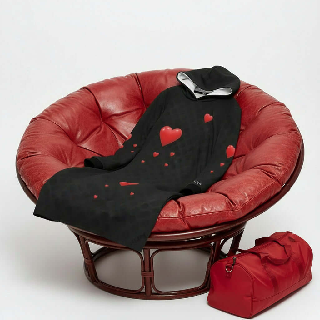 ALIM4U- Black Hoodie Mini Dress 3D Mix Sized Red Hearts