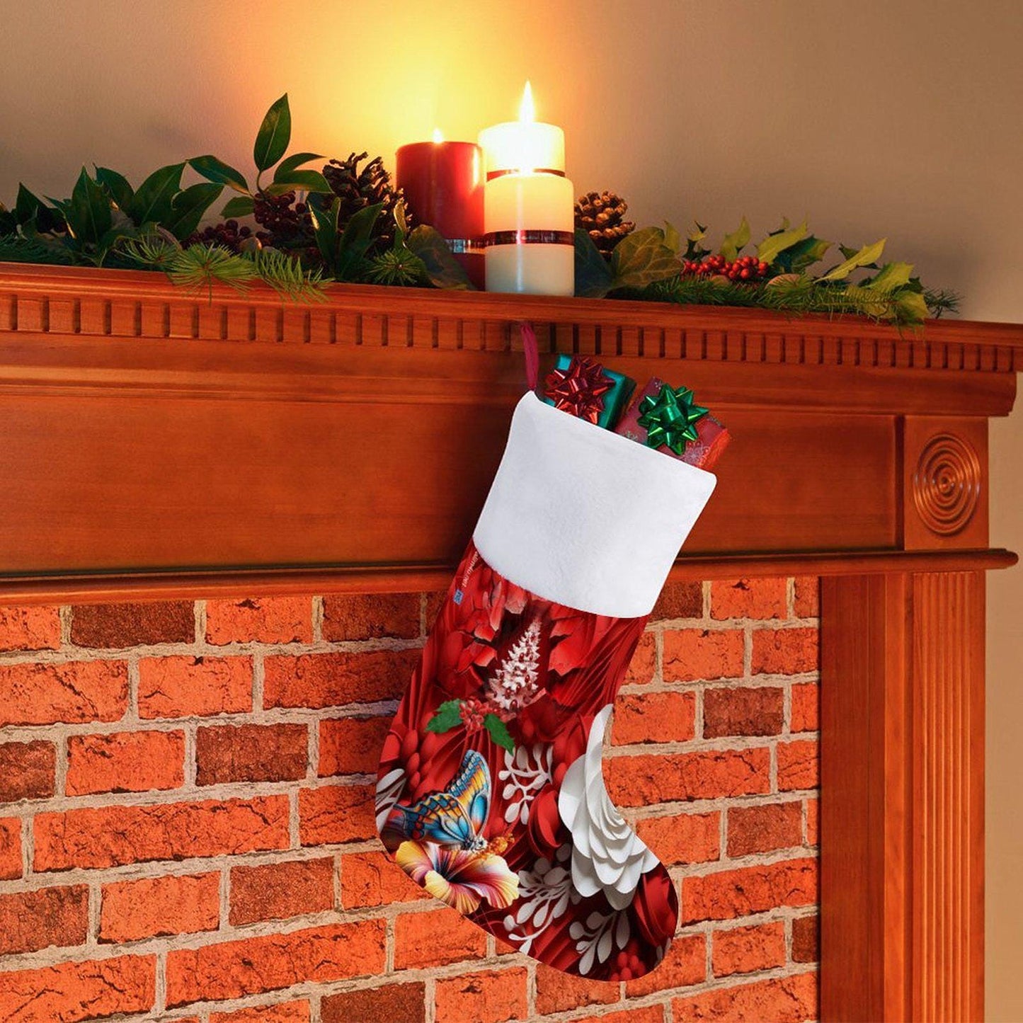 ALIM4U- Floral with monarch butterfly Santa Stocking with a red and white theme, the butterfly adds a taste of orange and teal.