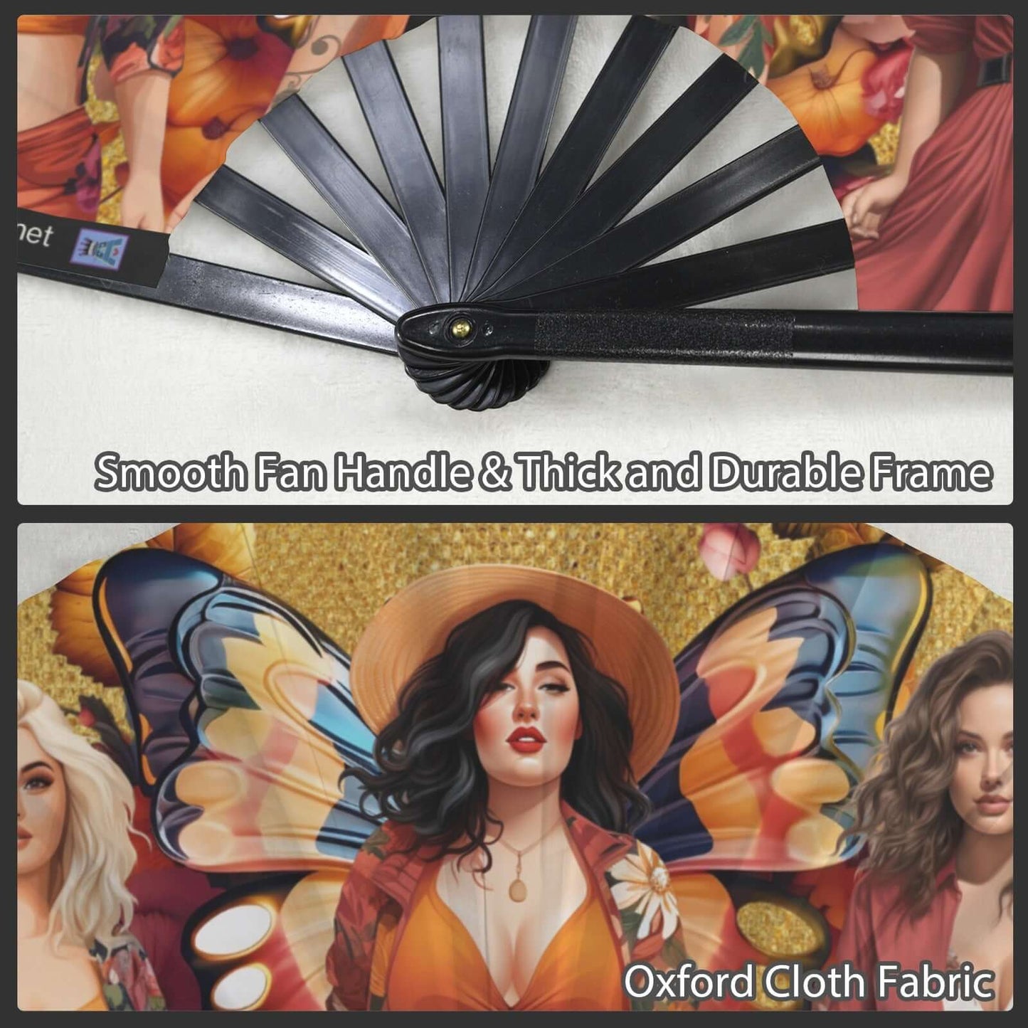 Folding Clack Fan 600 multi colored floral butterflies Decorative fan with butterfly wings and a woman's face, featuring text about fan handle and fabric quality.