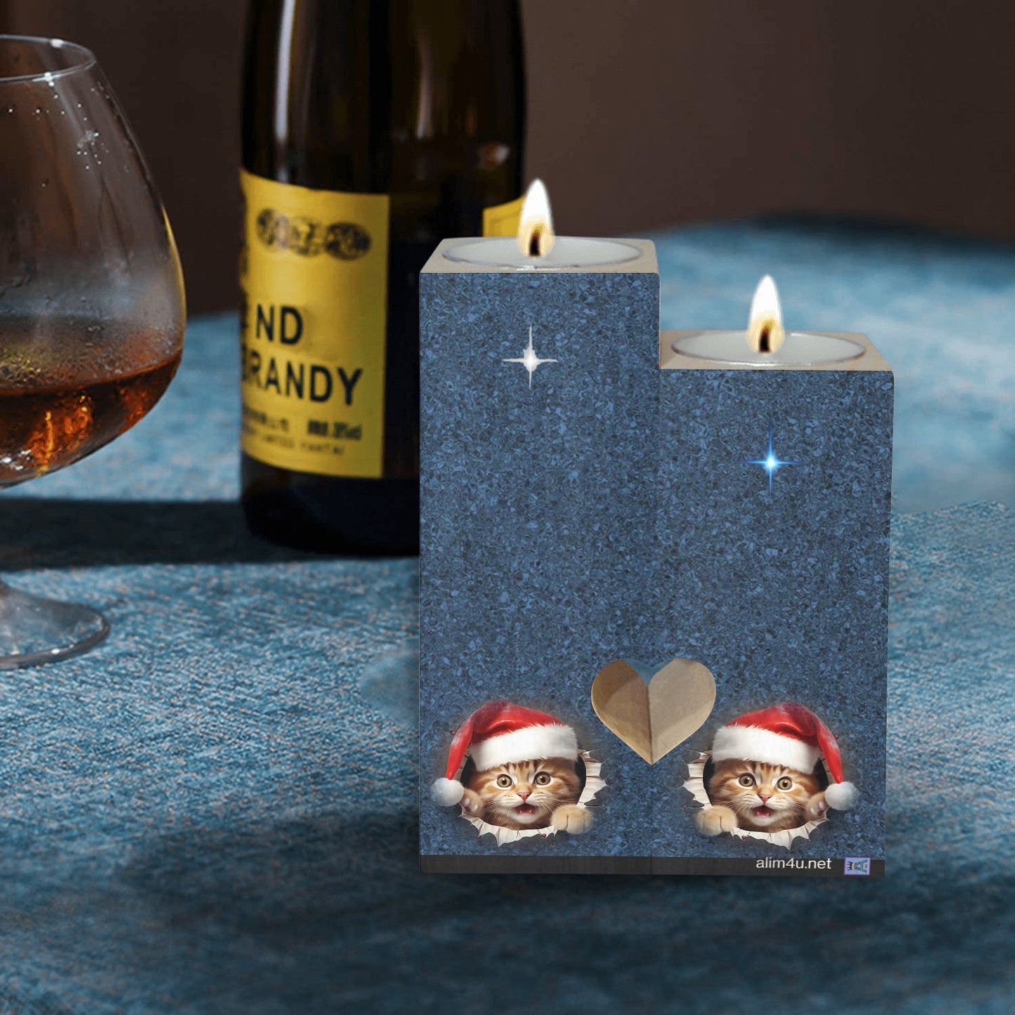 ALIM4U- Kittys Christmas Wooden Heart Candle Holder