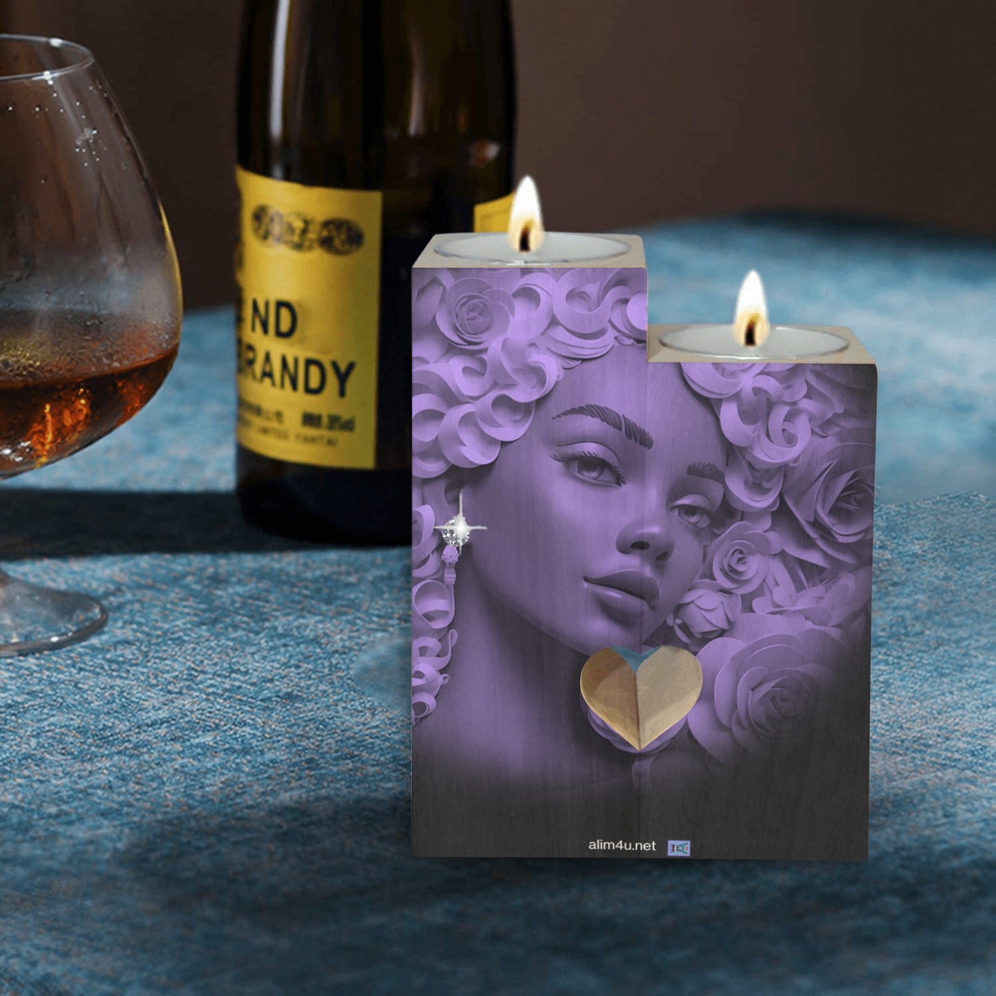 ALIM4U-Purple Sparkle Wooden Heart Candle Holder