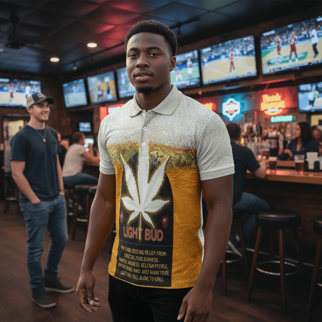 Man wearing a shirt with a cannabis leaf design in a bar setting