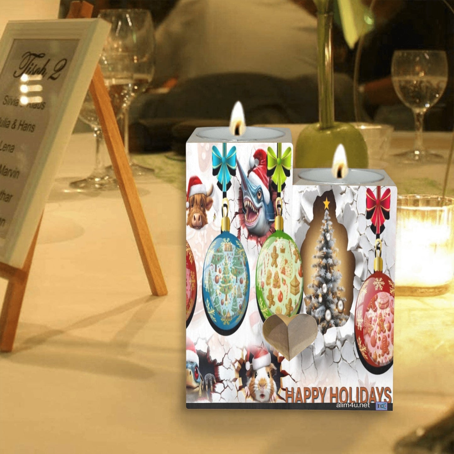 ALIM4U- Christmas Ornaments 1 Wooden Heart Candle Holder