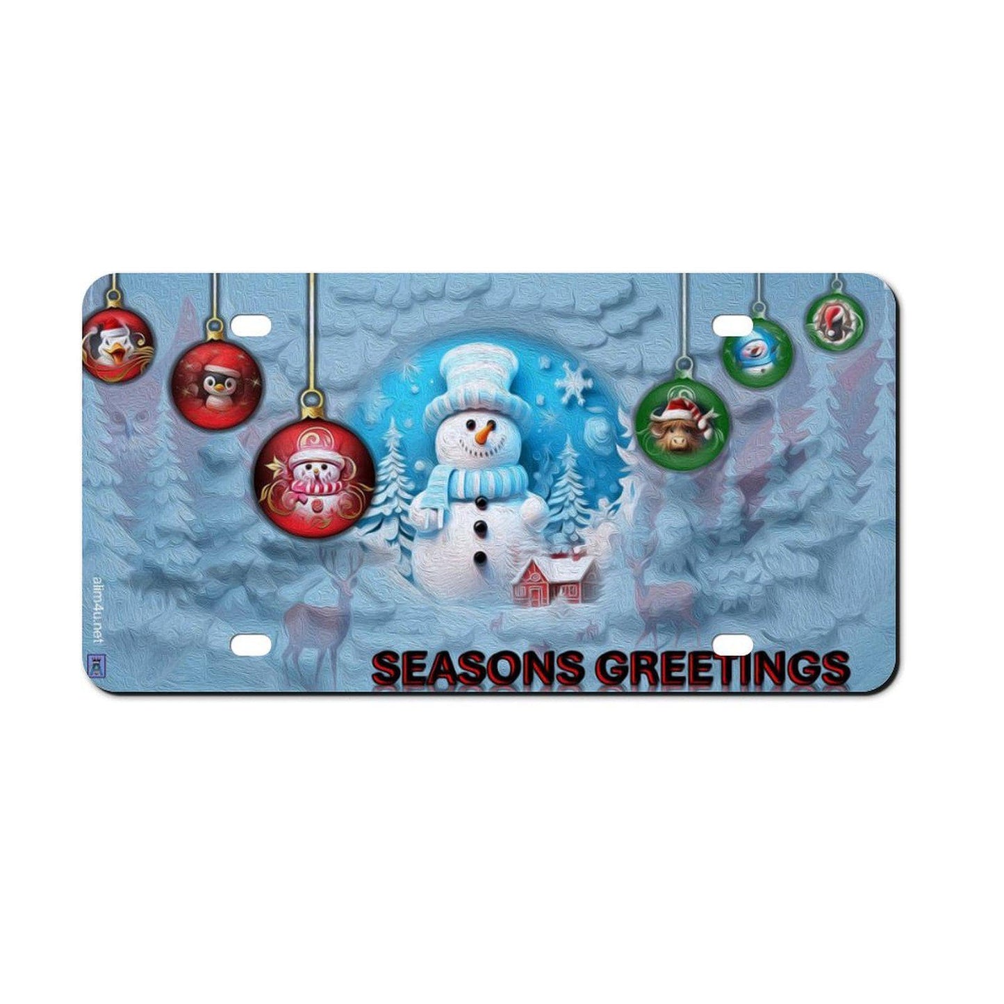 Hanging Christmas ornaments, a snow man, blue tinted snow Car License Plate-11.8”x5.9”