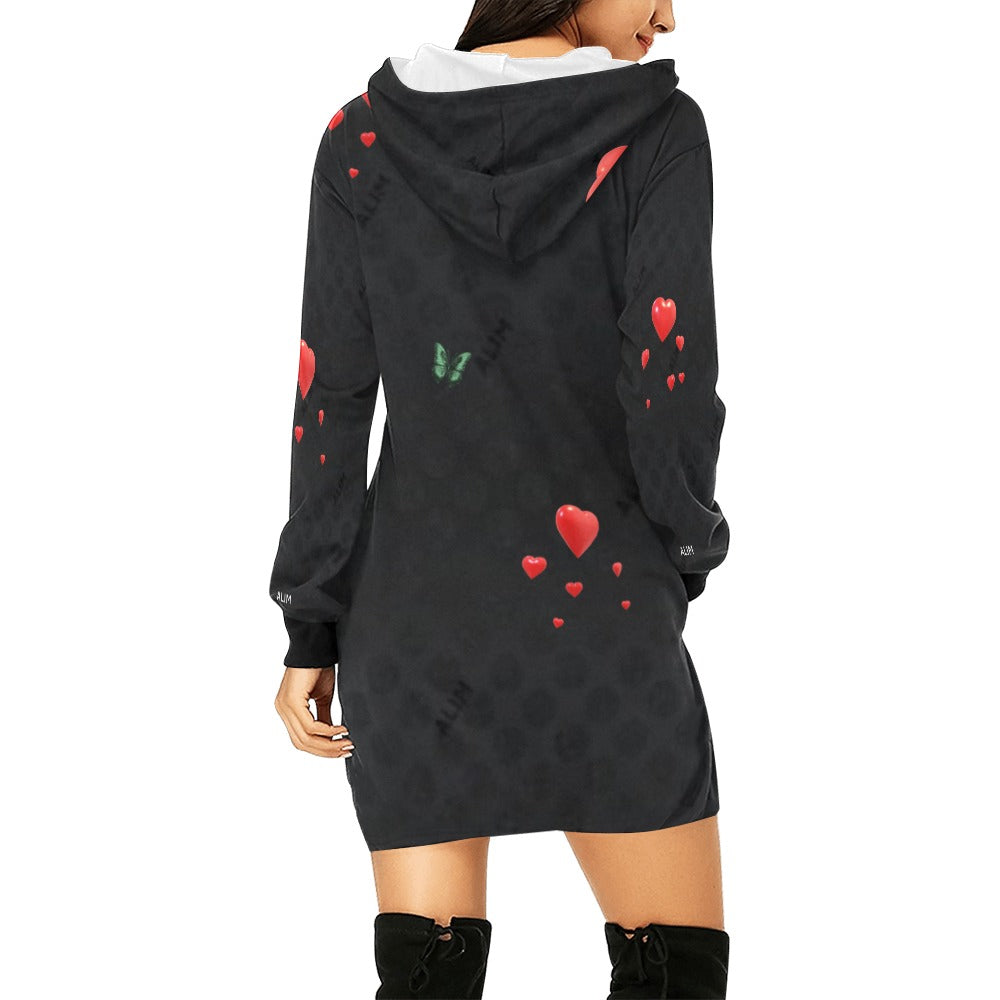 ALIM4U- Red Hearts on Black Women's All Over Print Hoodie Mini Dress(Model H27)