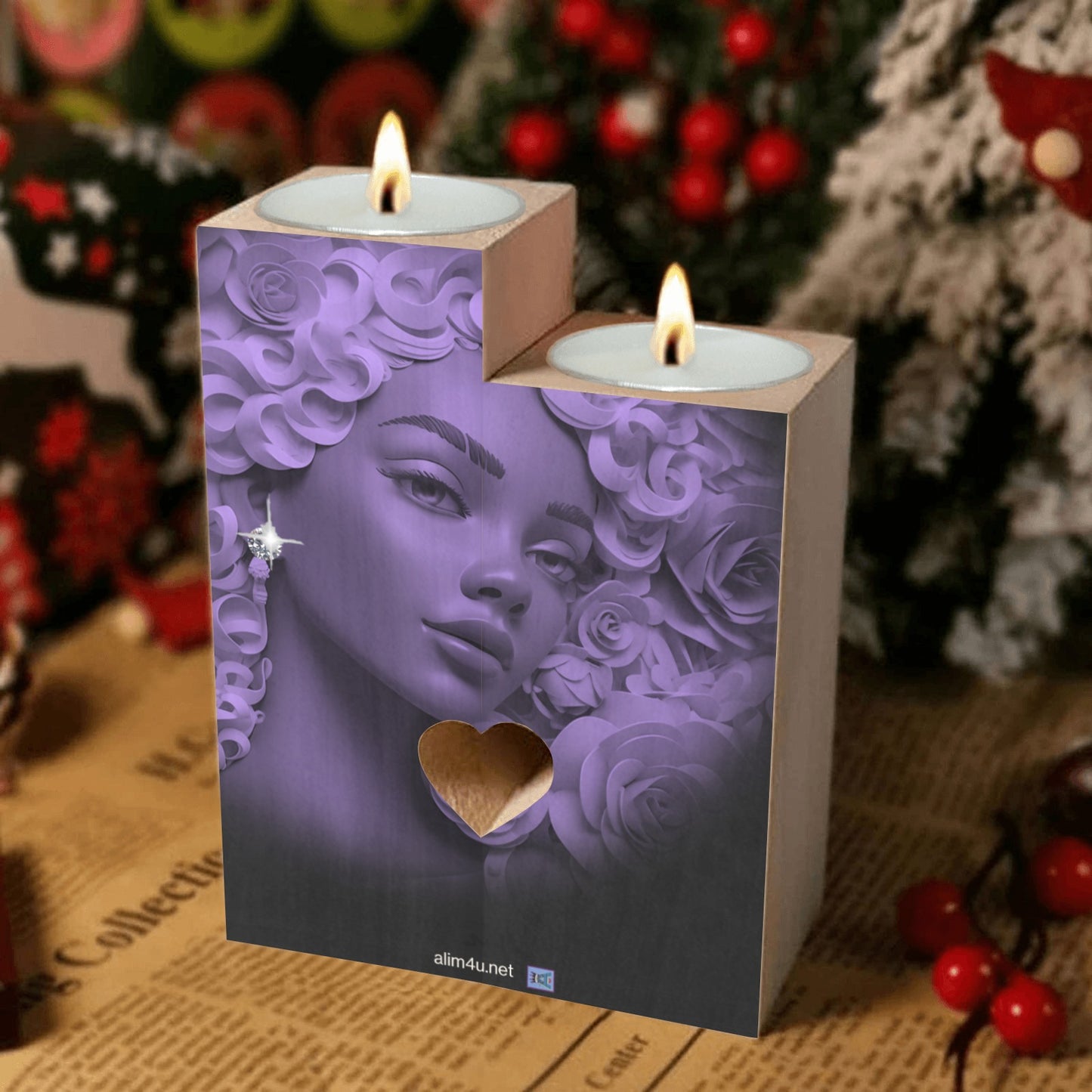 ALIM4U-Purple Sparkle Wooden Heart Candle Holder