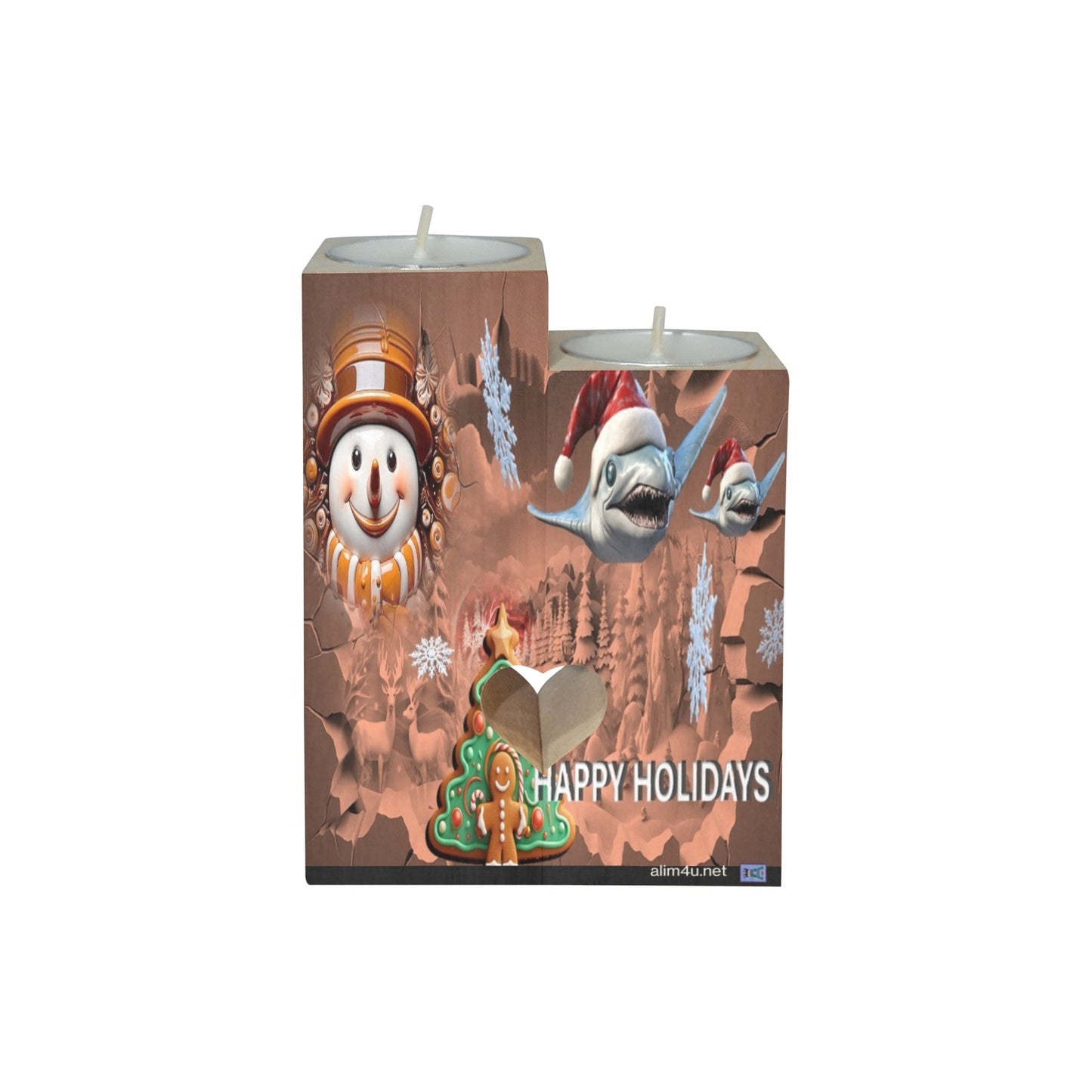 ALIM4U- Shark and Snowman Christmas Wooden Heart Candle Holder
