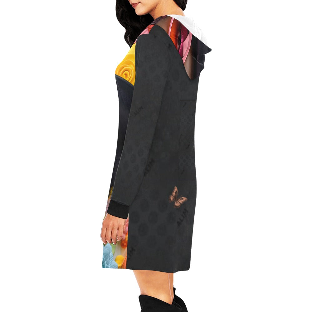 ALIM4U- Black Woman 2 Women's All Over Print Hoodie Mini Dress(Model H27)