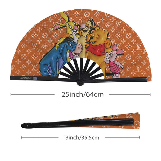 Folding Clack Fan 87 multi colored floral butterflies Fan with cartoon characters on a patterned background, showing dimensions.