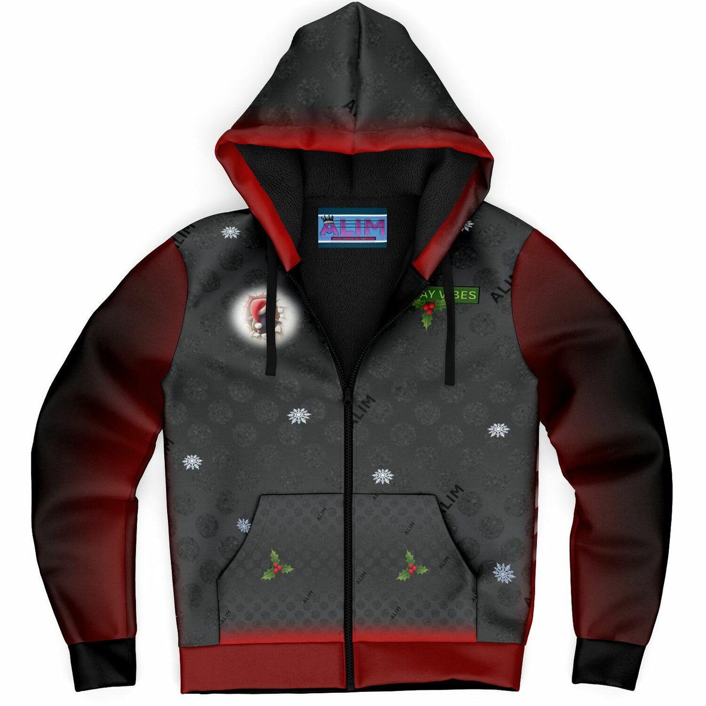 A snowy landscape of houses and beautiful roaming deer. The red highlights on the black bring out the holiday essence.