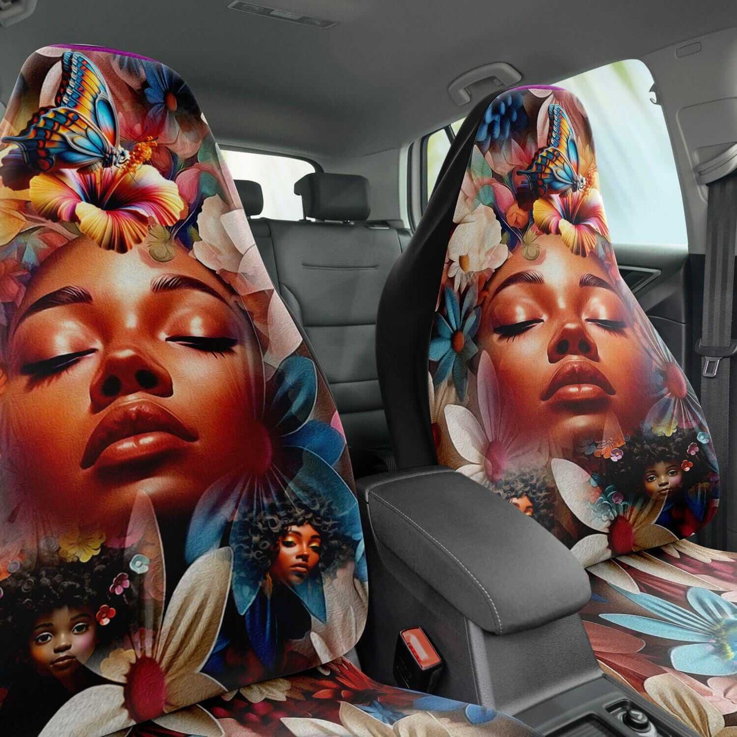 Car Seat Cover Black Woman Image with Floral Background
