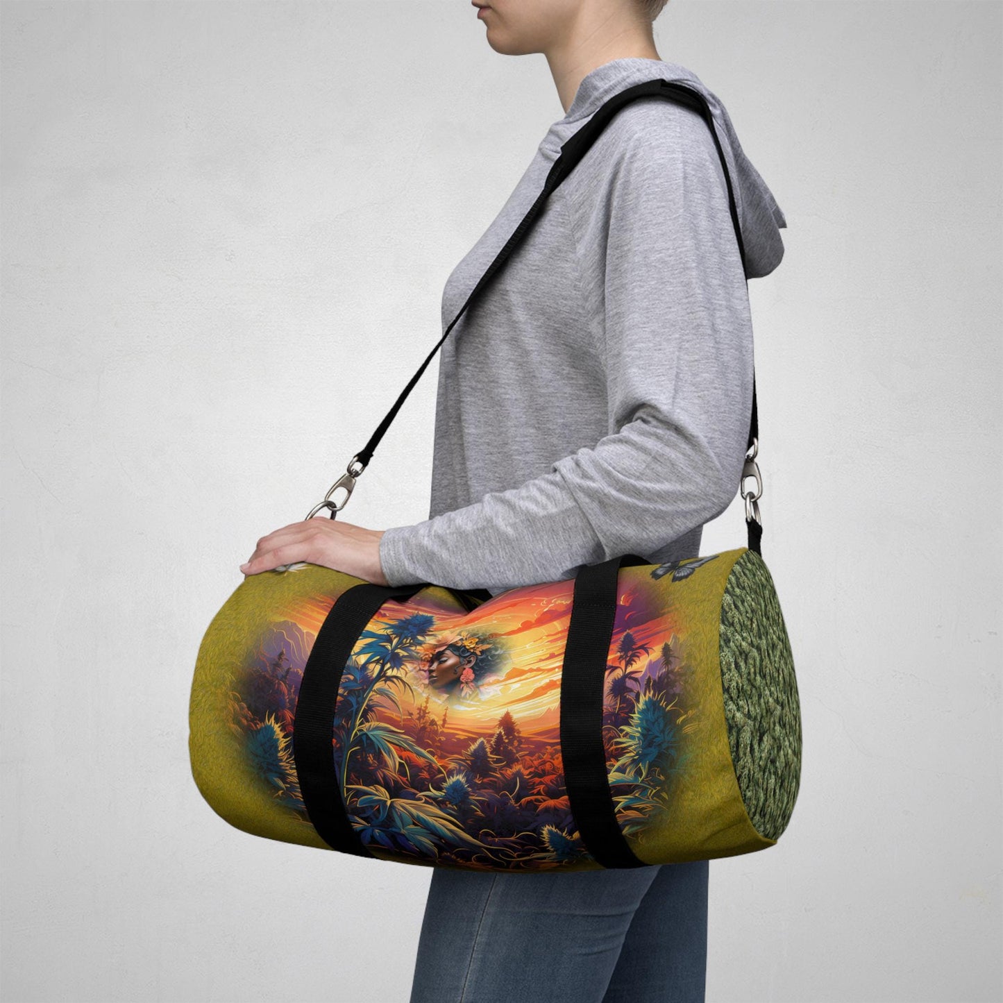 ALIM4U- Golden Sunset Marijuana Duffel Bag, Black Girls Smoke Field of Trees, Weed Lovers Carryall, Cannabis Travel Tote