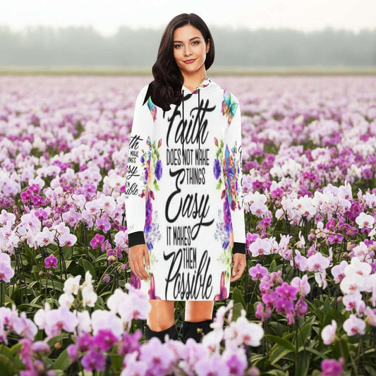 Mini Dress Faith Text and Cross Multi-Colored Hoodie White hoodie dress with motivational quote and floral designs on a white background