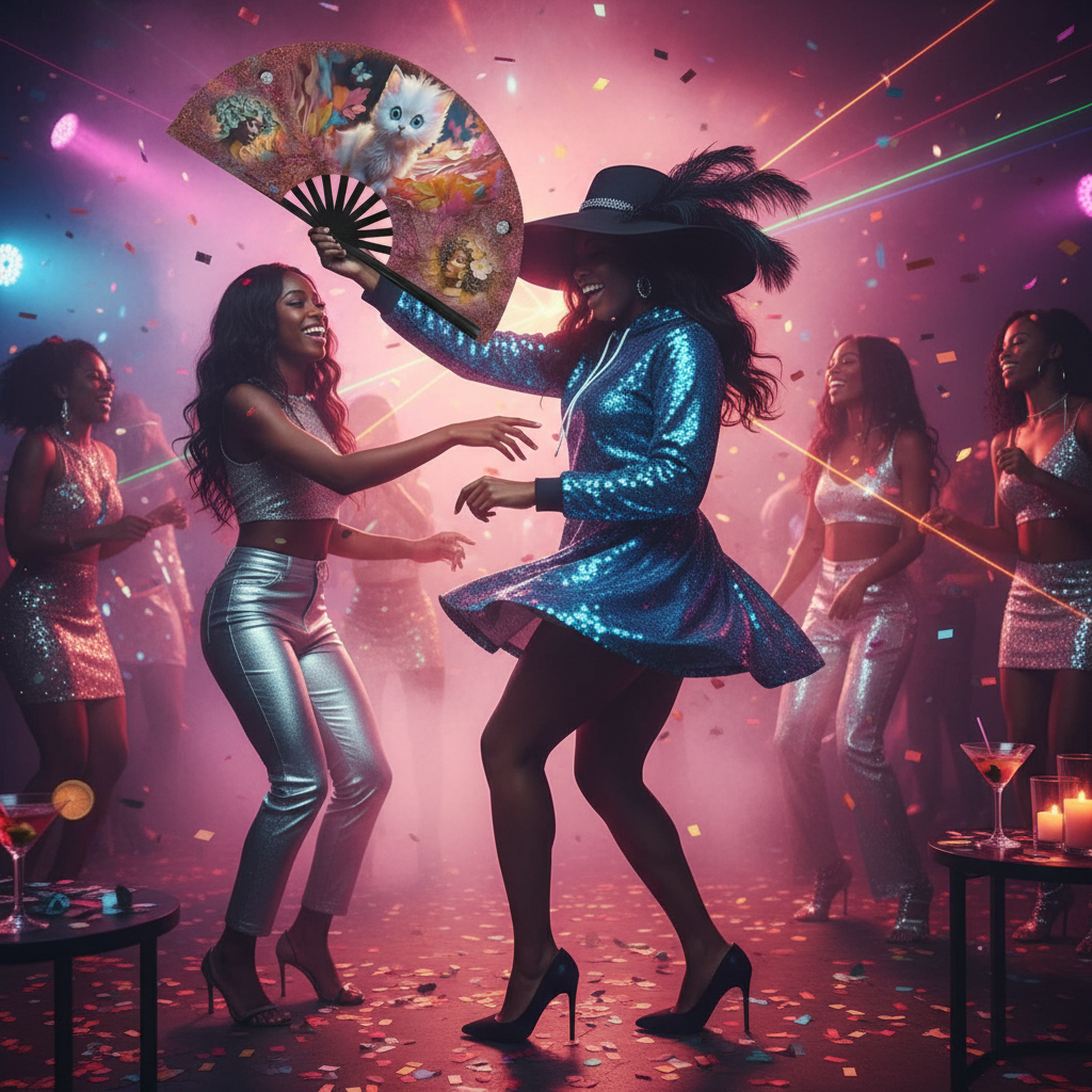 Dancers in a vibrant nightclub setting with colorful lights and confetti.