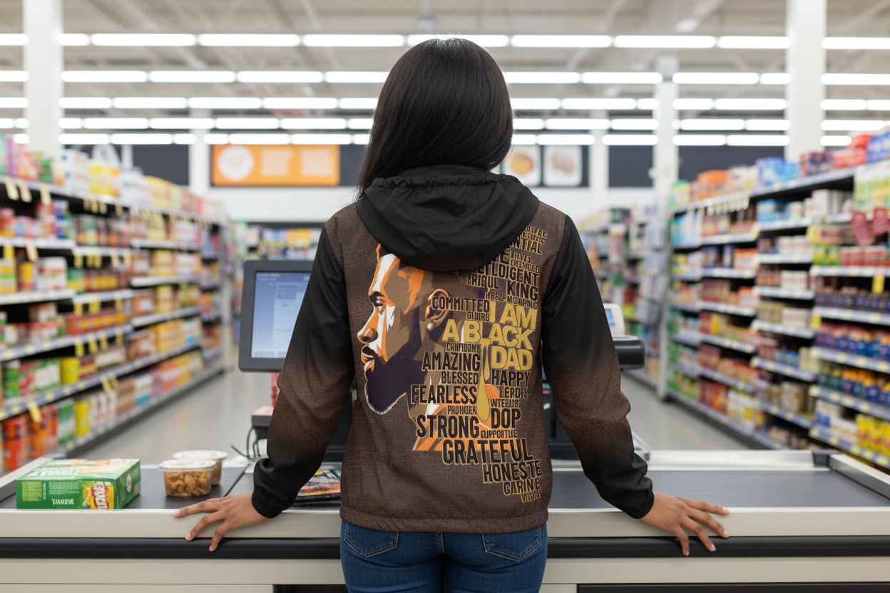 Man wearing a hoodie with a graphic design on the back