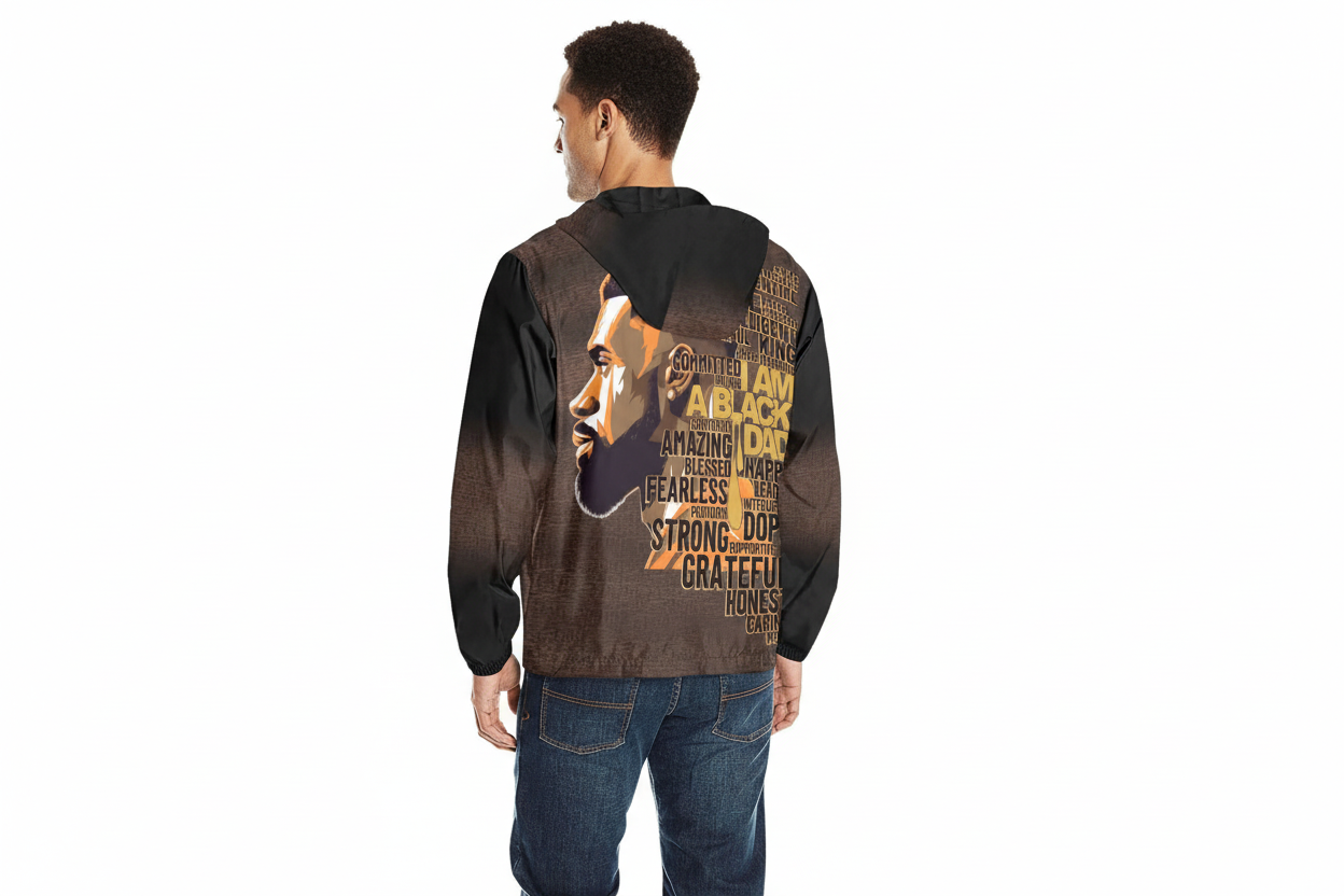 Person wearing a jacket with a lion graphic and motivational text on the back