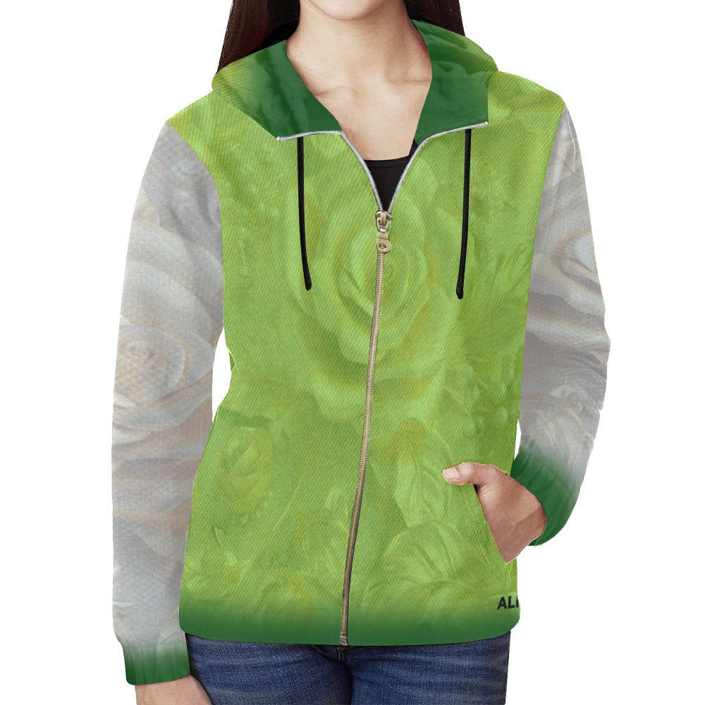 Green mesh vest with a zipper over a patterned shirt on a white background