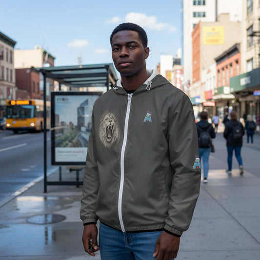 Mens Hoodie Gray Lions Head 3D Cannabis Leaves Gray jacket with lion graphic and brand logo, fabric detail shown.