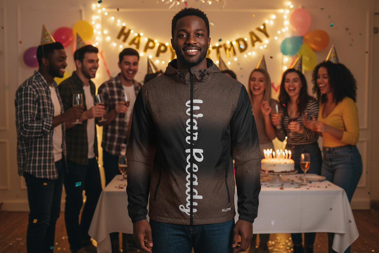 Man wearing a brown and black jacket with text on a white background