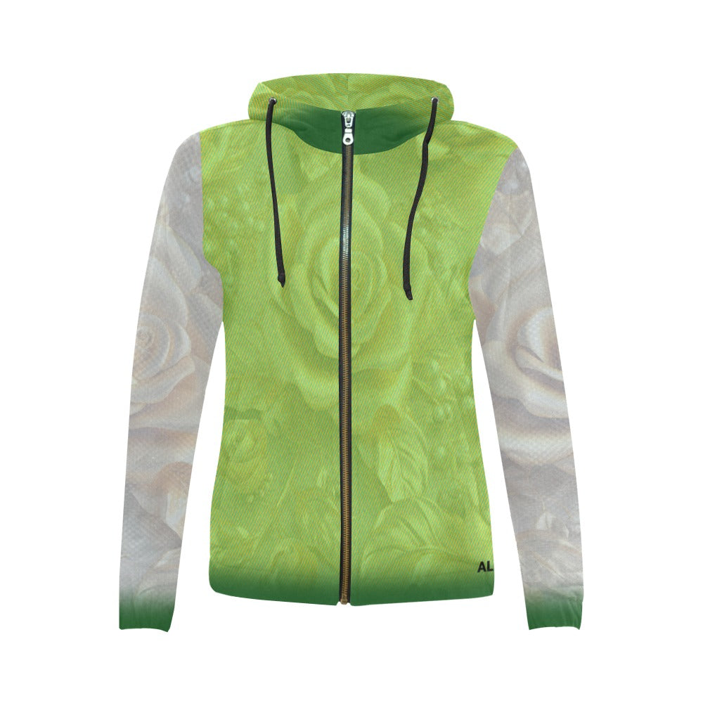 Green and gray jacket with a zipper on a white background