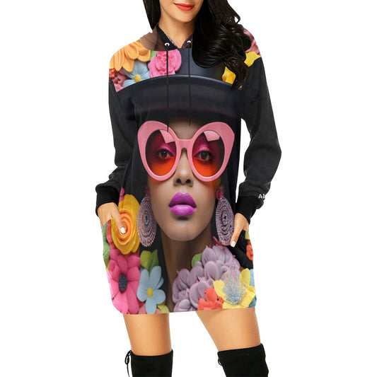 ALIM4U- Black Woman 2 Women's All Over Print Hoodie Mini Dress(Model H27)