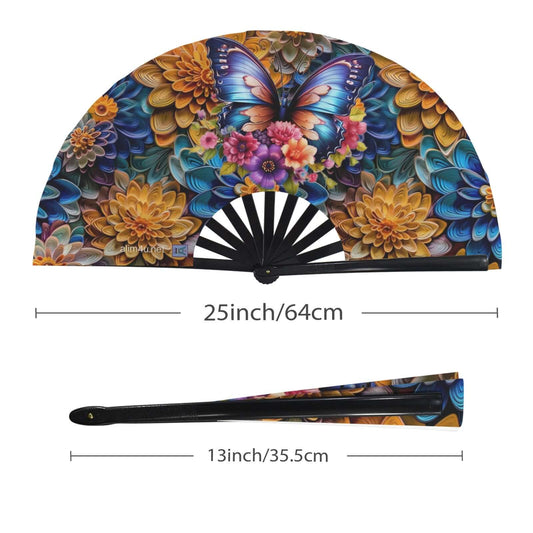 Folding Clack Fan 37 Multi Colored Floral Butterflies Colorful hand fan with butterfly and floral design, shown open and closed with measurements.