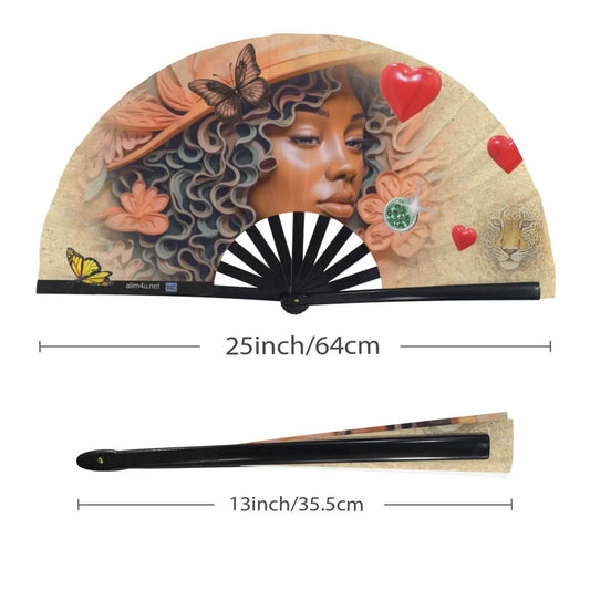 Folding Clack Fan 75 multi colored floral butterflies Decorative fan with artistic design of a woman's face, flowers, and hearts, with measurements displayed.