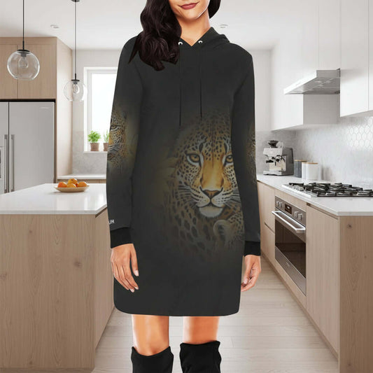 Mini Dress Hoodie Model H27 Black Leopard Image black hoodie dress with leopard design worn by a model on a white background