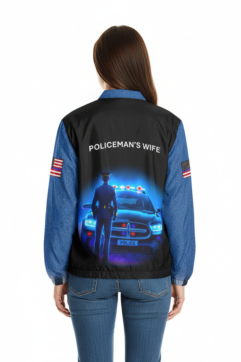 Back view of a jacket with a police car and 'Policeman's Wife' text on a white background