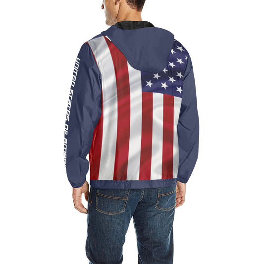 Male hooded windbreaker  with American flag design on back and white text on chest, sleeves and hood.